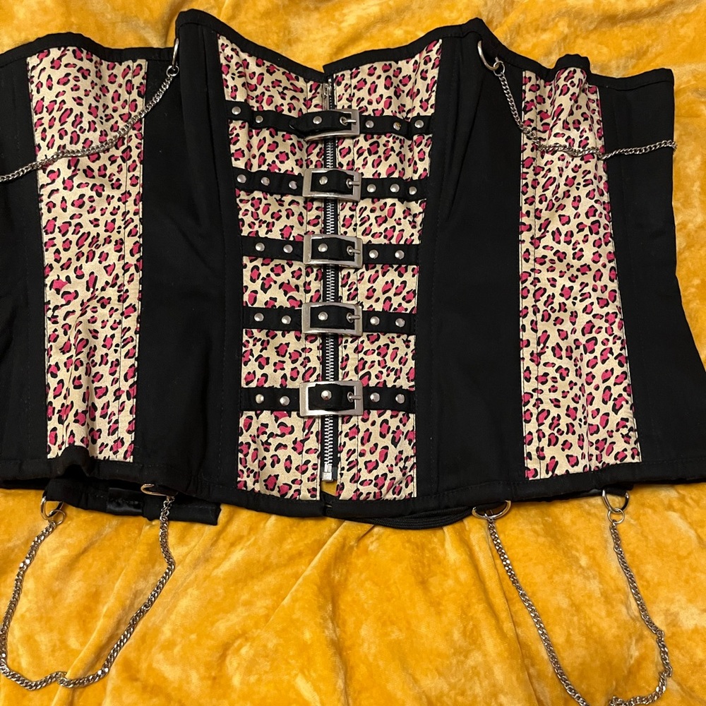 BLACK PINK LEOPARD PRINT BUCKLES CHAINS ZIPPER BONED WAIST TRAINER CORSET 34